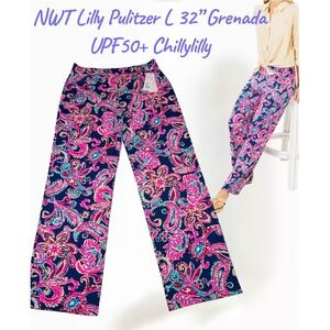 NWT Lilly Pulitzer L 32" Grenada UPF50+ ChillyLilly Knit Pants Pink Navy Paisley